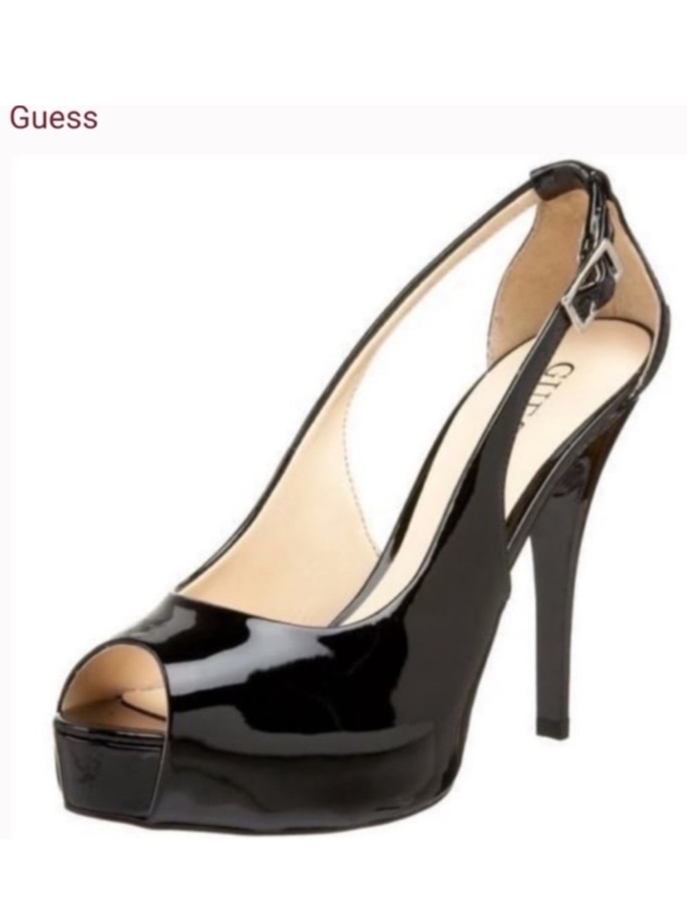 Guess Black Patent Leather Peep-Toe Slingback Platform Pumps